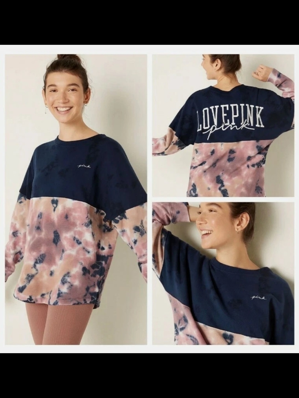 PINK Tie-Dye Colorblock Crewneck Sweatshirt - Navy & Dusty Pink